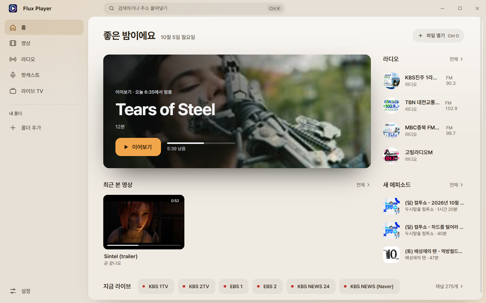 Flux Player 8.0 밝은 테마(라떼)