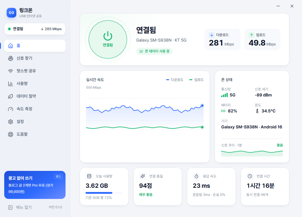 LinkOn home screen — connection status, download/upload speed, real-time speed graph, phone status
